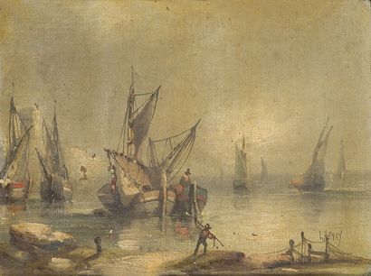 null L. HENRY. (fin du XIXème siècle).

Le départ des bateaux pour la pêche. Huile...
