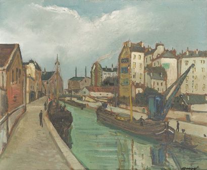 null Alphonse QUIZET (1885-1955).

Bord de Seine avec usine et péniches. Huile sur...