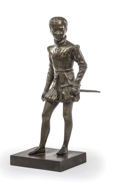 null Bronze statuette with brown patina representing Henri IV as a young man in page's...