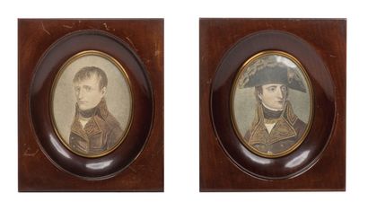 null Bonaparte 1st consul. Two miniature portraits on colored lithographs. Framed...