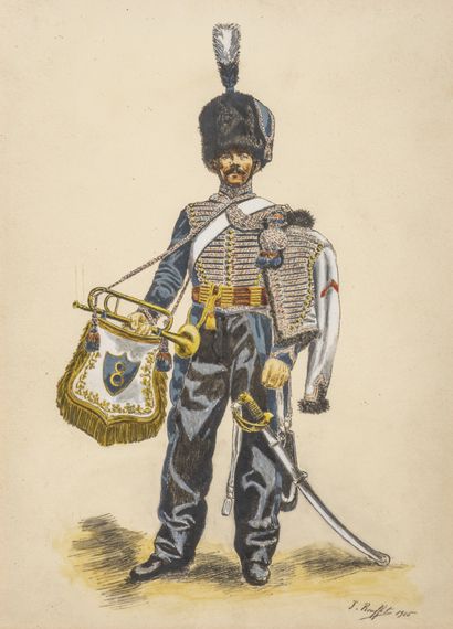 null Anonyme. Hussard du 8ème régiment posant devant son cheval. Vers 1840. 

Dessin...
