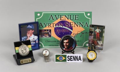 null Ayrton SENNA. Set including plate, cards, watches, medal and various objects...