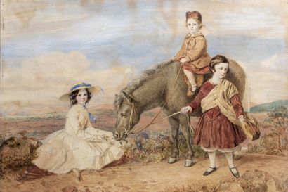 null École anglaise du XIXème siècle.

Portraits d’enfants accompagné de leur poney.

Aquarelle.

56...