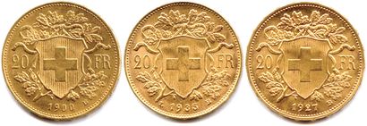 null SUISSE 

Trois monnaies en or (type Vrénéli) : 20 Francs 1900 B, 1927 B, 1935...