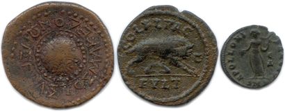 null ROMAN COLONIES 

Three bronze coins : 

Macedonia Koinon Bronze with shield...
