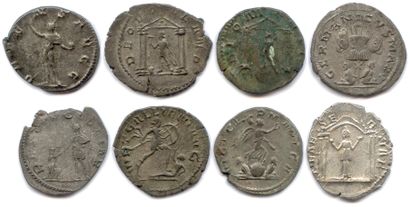 null Huit antoniniens en argent : Valérien (1), Gallien (6) et Salonine épouse de...