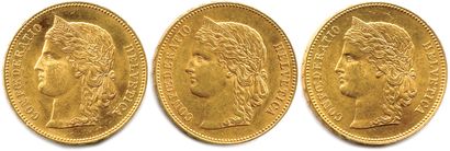 SUISSE 
Trois monnaies en or (tranches inscrites...