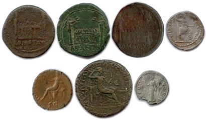 null Sept monnaies romaines (5 en bronze et deux en argent) d’Auguste, Tibère, Néron,...