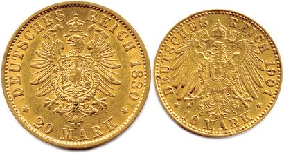 null GERMANY - FRANKFURT Free City 

Two gold coins: 20 Mark 1880 J and 10 Mark 1901...