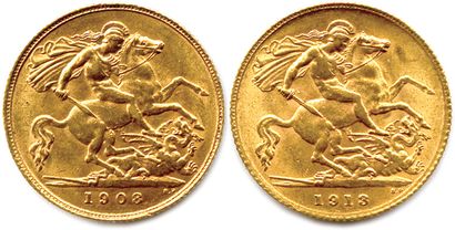 null GREAT BRITAIN - EDWARDIAN VII AND GEORGE V 

Two gold coins : Half-sovereign...