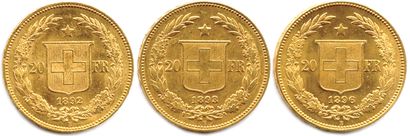null SUISSE 

Trois monnaies en or (tranches inscrites en relief) : 20 Francs 1892...