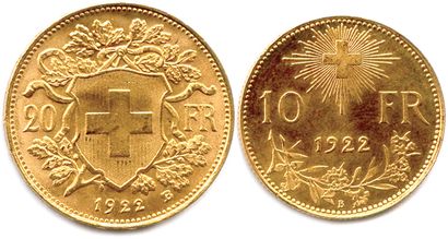 null SWITZERLAND 

Two gold coins (Vrénéli type) : 

20 Francs and 10 Francs 1922...
