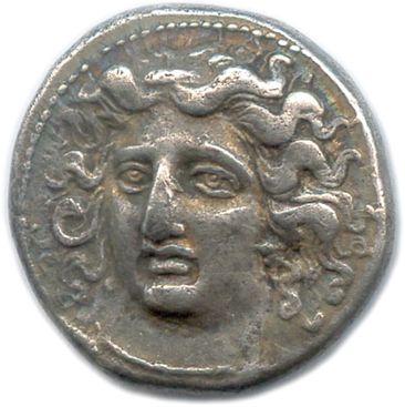 null THESSALY - LARISSA 400-344

Head of the nymph Larissa, three-quarter face, her...