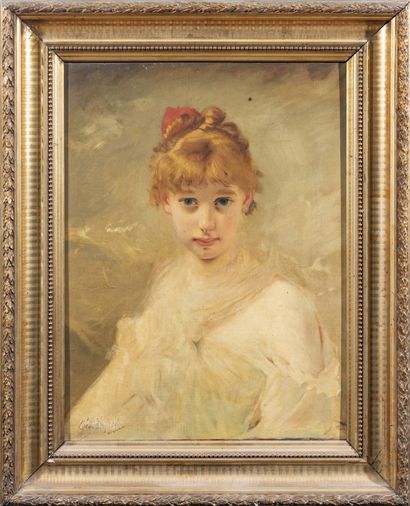 null Charles Josuah CHAPLIN (1825-1891).
Portrait de jeune fille au nœud rouge.
Huile...