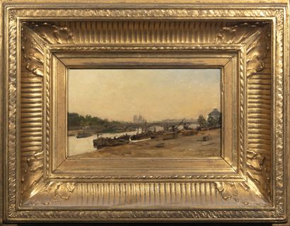 null Eugène TANGUY (1830-1899).

Quai en bord de Seine, avec bateaux. Au loin Notre...