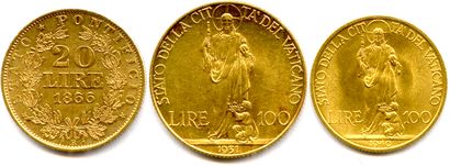 null ITALIE - VATICAN 

Trois monnaies d'or : 

20 Lire 1866 Pie IX (1848-1878) ;...