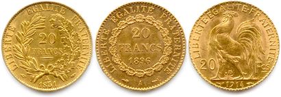 null 2nd and 3rd REPUBLIC 

Three gold coins : 

20 Francs Cérès 1851 Paris, 20 Francs...