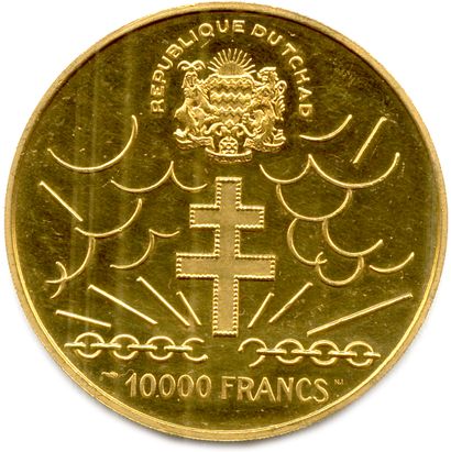 null TCHAD 1960-

10.000 Francs or 1960. Général de Gaulle. (35,26 g) ♦ Fr 2

Flan...