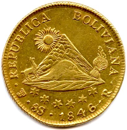 null BOLIVIE RÉPUBLIQUE 1825-

8 Escudos d'or 1846 Potosi. (27,07 g) ♦ Fr 26 

Lustré....
