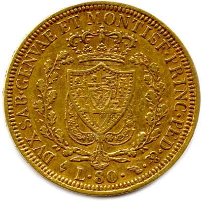 null ITALY - CHARLES FÉLIX 1821-1831

80 Lire gold 1826 Turin. (25,73 g) ♦ Fr 1132...