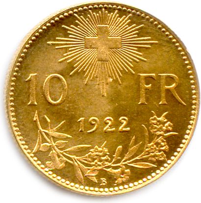 null SUISSE Confédération helvétique 

10 Francs or Vrénéli 1922 Berne. (3,23 g)...