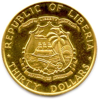 null LIBERIA 1847-

Thirty (30) Gold Dollars 1965. William Tubman. (15.05 g) ♦ Fr...