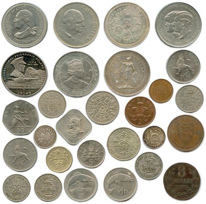 null Lot de 28 pièces modernes en argent et divers métaux : Angleterre, Jersey, Guernesey,...