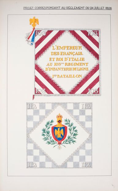 null Armée française (1791-1816). Importante suite de 90 planches coloriées donnant...