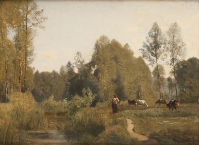 Eugène LAVIEILLE (1820-1889) Berger à son troupeau, le long d'une rivière. Huile...