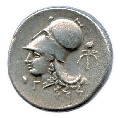 null CORINTHE 350-306 Tête d'Athéna à gauche coiffée d'un casque corinthien. Derrière...