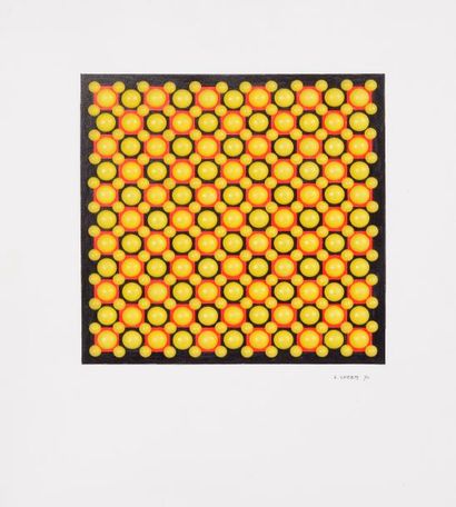 null Lucienne LHERM (1924-2003).

Composition demi-sphères jaunes sur carrés rouges...
