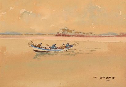 null Pierre BRETTE (1905-1961).

Barque et pêcheurs sur la mer.

Aquarelle, signée...