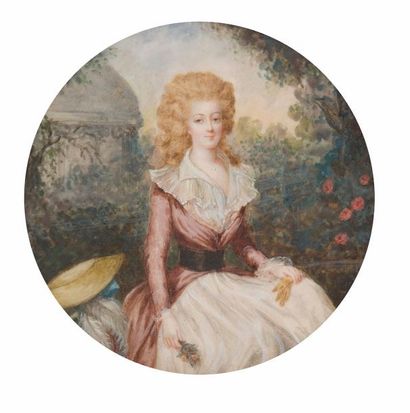 null MINIATURE ovale sur ivoire figurant Marie-Antoinette, assise dans un fond de...