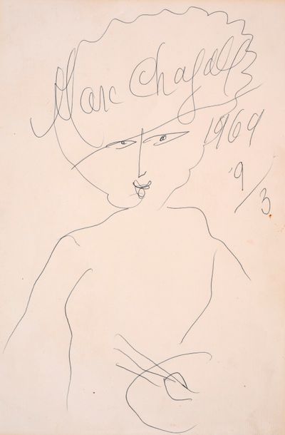 Marc Chagall Marc CHAGALL (1887- 1985) - Autoportrait à la palette - Dessin signé...