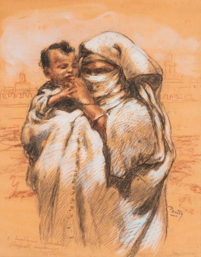 Henri PONTOY Henri PONTOY (1888-1968) - Woman and child - Pencil drawing and gouache...