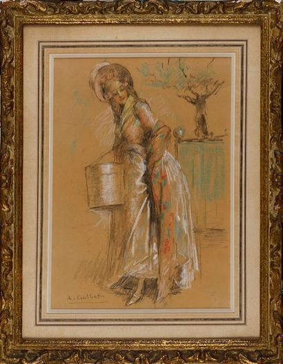 ANTOINE CALBET Antoine CALBET (1860-1944) - Elegant young woman - Pastel and pencil...