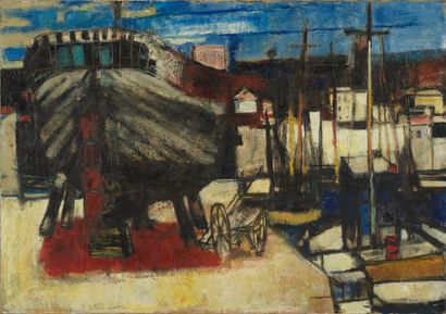 Paul GUIRAMAND Paul GUIRAMAND (1926-2007) - Boats at dock - Oil on canvas sginée...