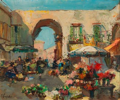 Georges LAPCHINE Georges LAPCHINE (1885-1950) - Nice Flower Market - Oil on canvas...