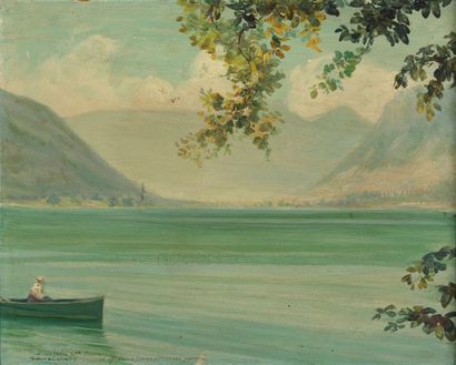 Victor Charreton Victor CHARRETON (1864-1936) - Boat trip on Lake Nantua - Oil signed...