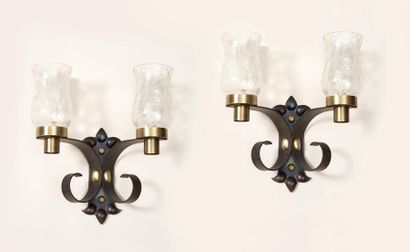 PERZEL PERZEL - Set of 7 double wall lights composed of a flamed wrought iron base,...