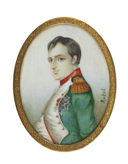MINIATURE Petit tableau figurant Napoléon, peinture sur ivoire, signée Ratel - 10,5...