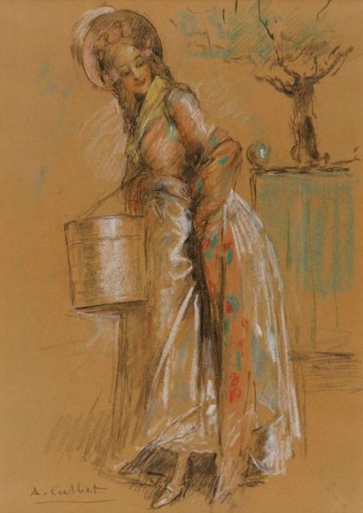 ANTOINE CALBET Antoine CALBET (1860-1944) - Jeune élégante - Pastel et crayon signé...