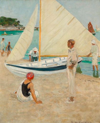 RAOUL DU GARDIER Raoul du GARDIER (1871-1952) - A la plage, Noirmoutiers, huile sur...