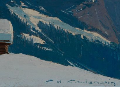 Charles CONTENCIN Charles CONTENCIN (1898-1955) - Wengen in Winter - Oil on cardboard...