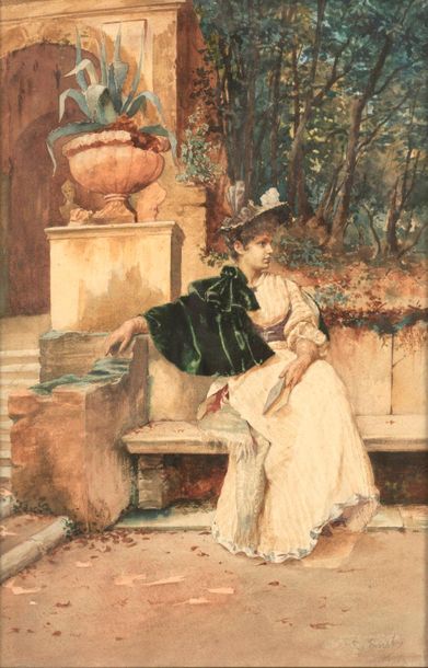 ERNST R.ERNST - Elégante sur un banc - Aquarelle signée en bas à droite - 47 x 31...