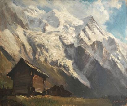Marcel WIBAULT Marcel WIBAULT (1905-1998) - Chalet, montagnes enneigées - Huile sur...