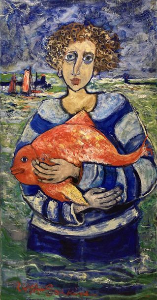 Raya SORKINE Raya SORKINE (1936) - Le pêcheur au poisson rouge - Huile sur toile...