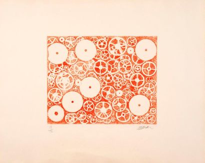 ARMAN ARMAN (1928-2005) - Sept rouages, red background, 1970 - Drypoint in colors...