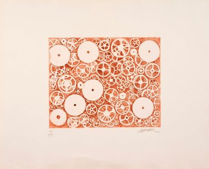 ARMAN ARMAN (1928-2005) - Sept rouages, brown background, 1970 - Drypoint in colors...