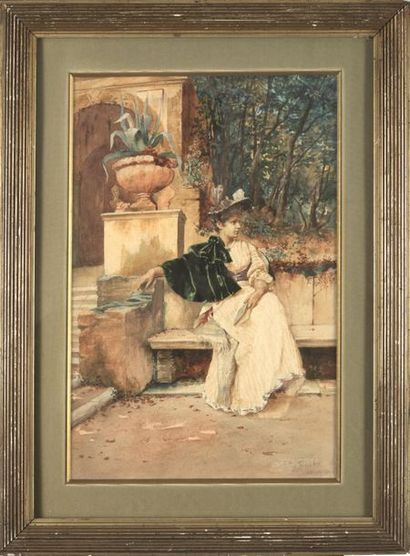 R.ERNST R.ERNST - Elegant on a bench - Watercolor signed lower right - 47 x 31 cm...